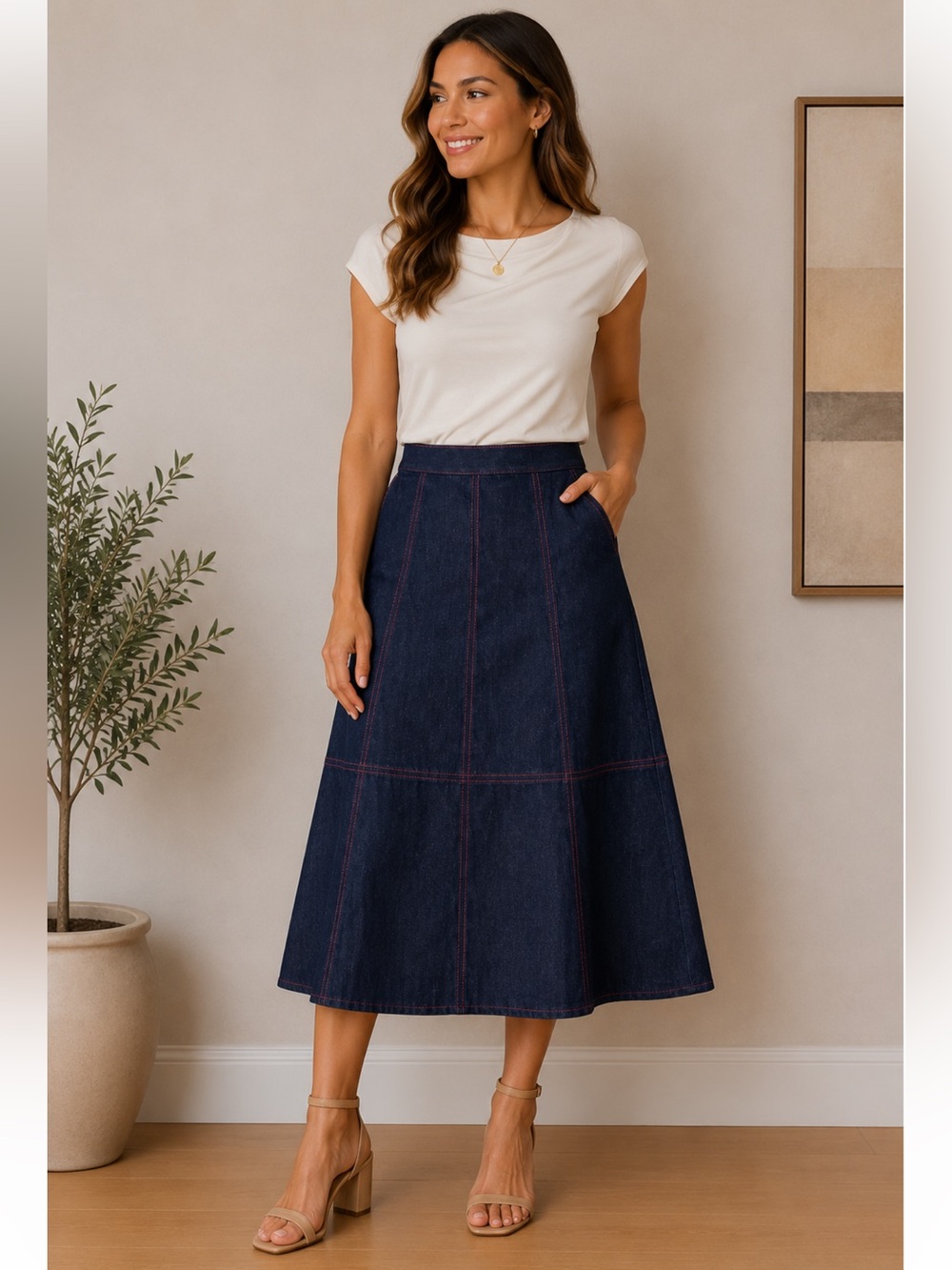 Pearl by Lela Rose Stretch Denim Midi Skirt with Contrast Stitching Size 8